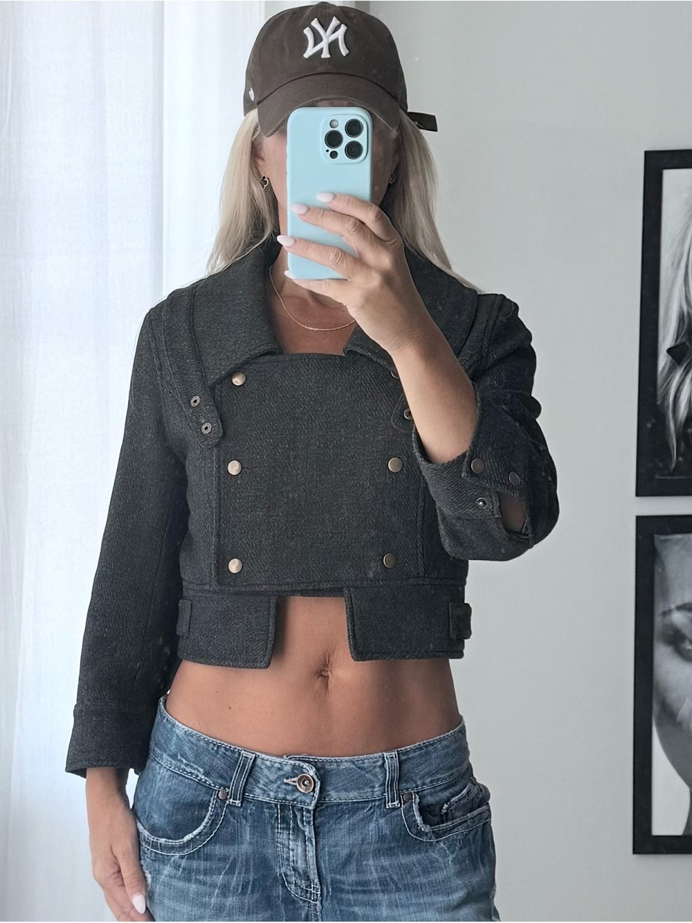 Vintage Y2K Lux Cropped gray woolDouble-Breasted 3/4 sleeve Women's Jacket